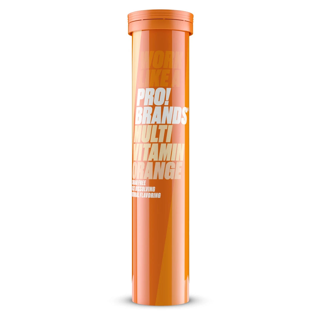 Pro Brands Multivitamin Brus Orange -poretabletit pitkulaisessa oranssissa putkilossa, jossa on valkoinen teksti.