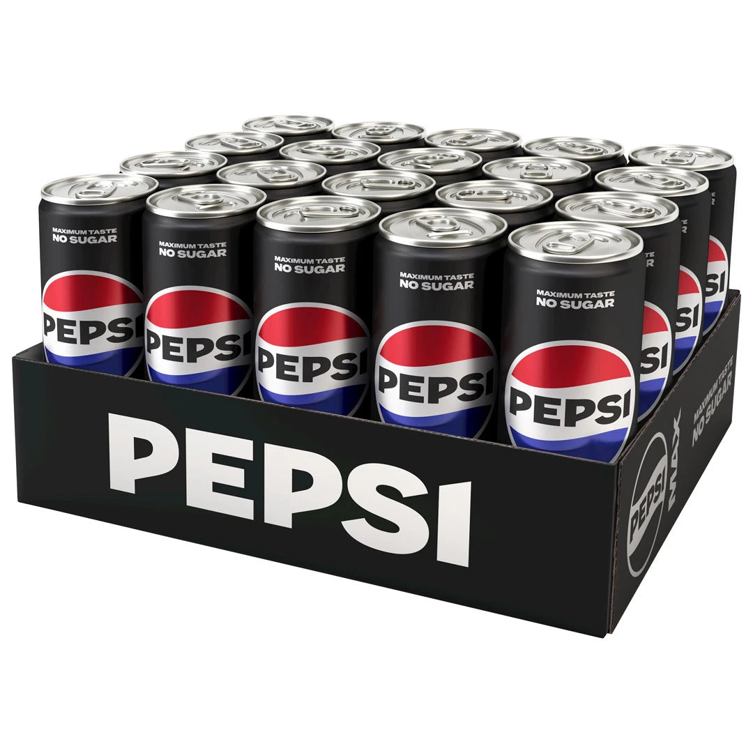 20 x Pepsi MAX 330 ml på ett flak med svarta burkar och den klassiska Pepsi-logotypen.