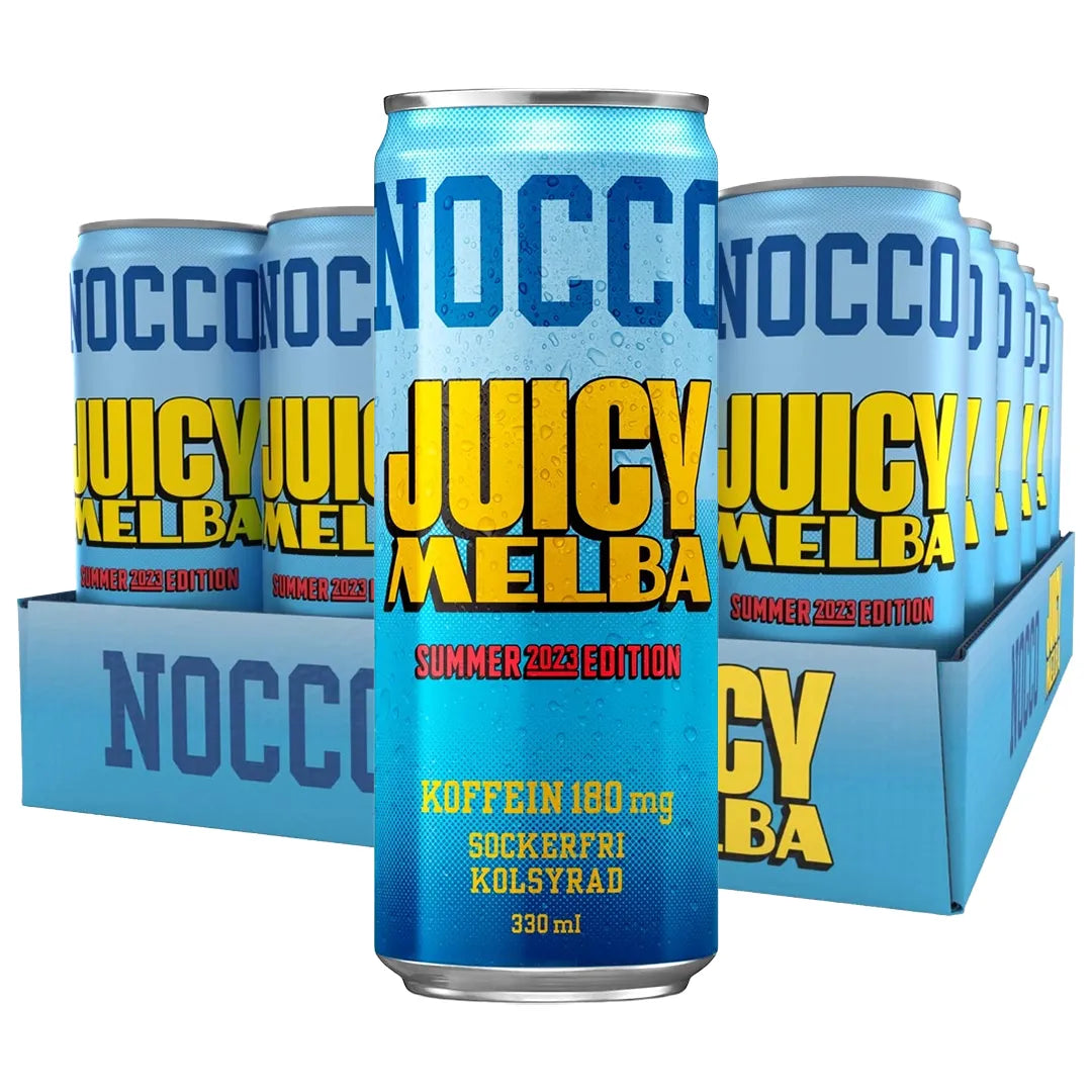24 x NOCCO BCAA 330 ml Juicy Melba vaaleansinisessä laatikossa energiajuomatölkkejä keltaisella tekstillä.