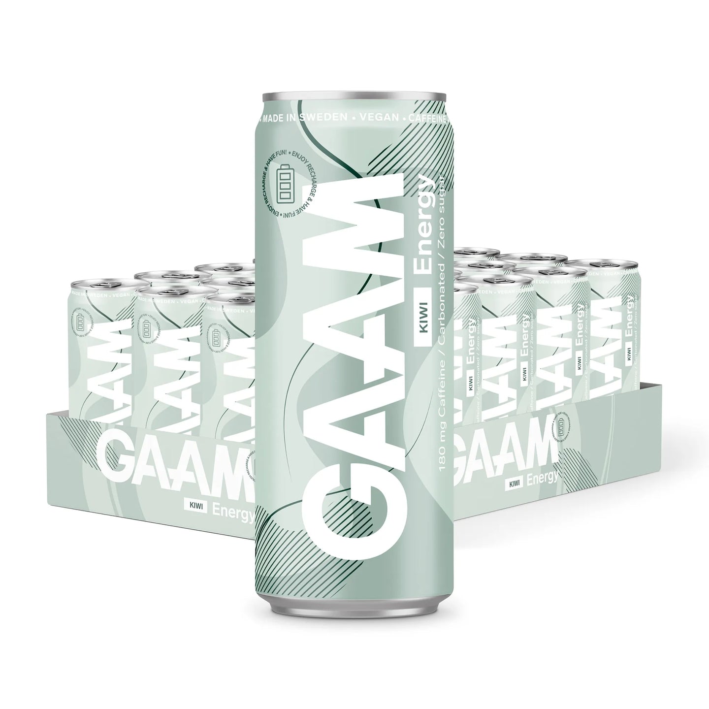 24 x GAAM Energy 330 ml Kiwi vaaleanvihreässä laatikossa energiajuomatölkkejä vaaleanvihreillä ja valkoisilla kuvioilla.