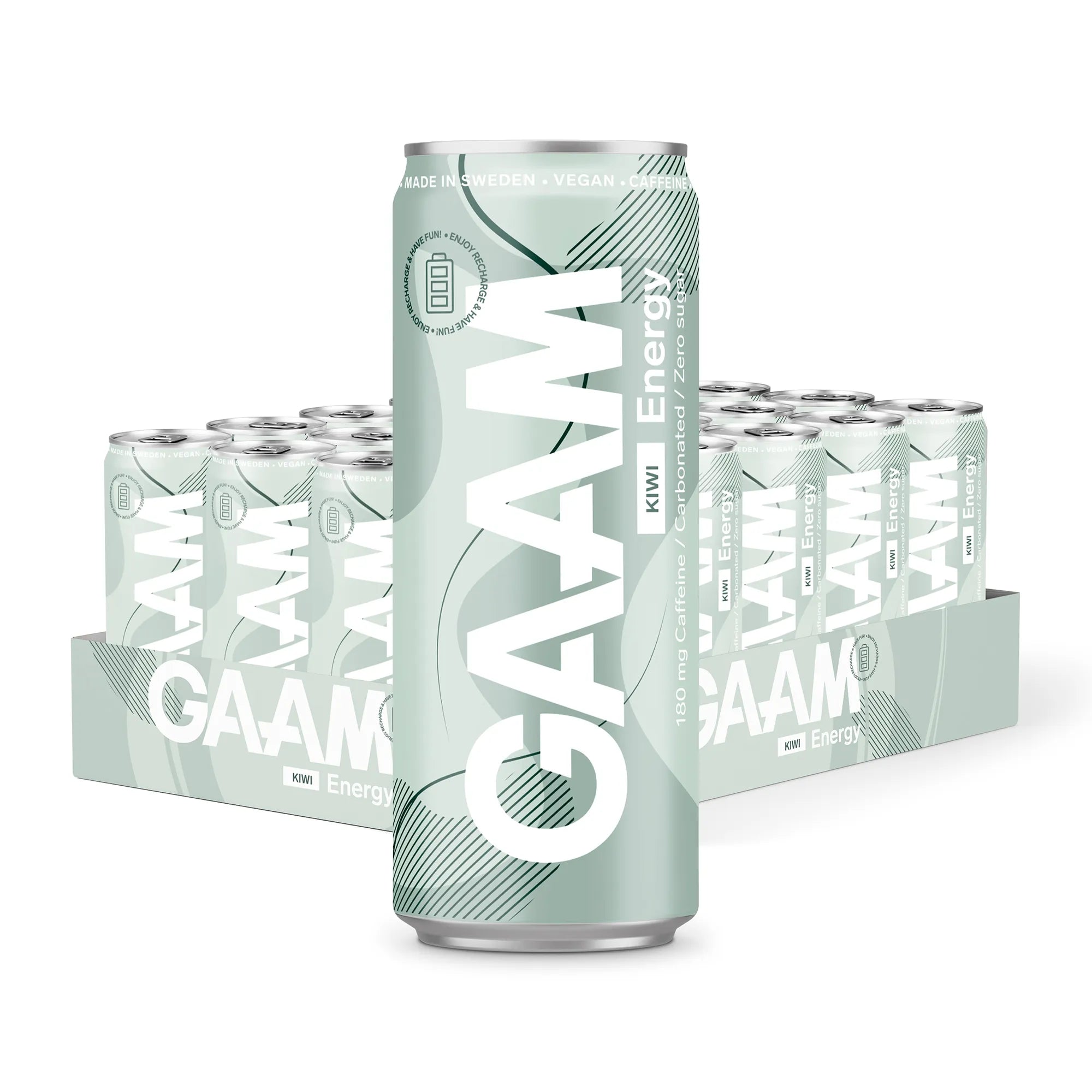 24 x GAAM Energy 330 ml Kiwi vaaleanvihreässä laatikossa energiajuomatölkkejä vaaleanvihreillä ja valkoisilla kuvioilla.