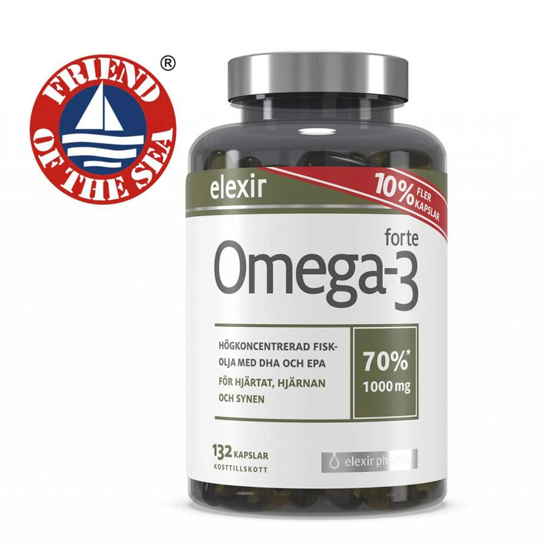 Elexir Pharma Omega-3 Forte 132 caps tumma purkki hopeakannella ja valkoisella etiketillä Friend of the Sea -logon vieressä.