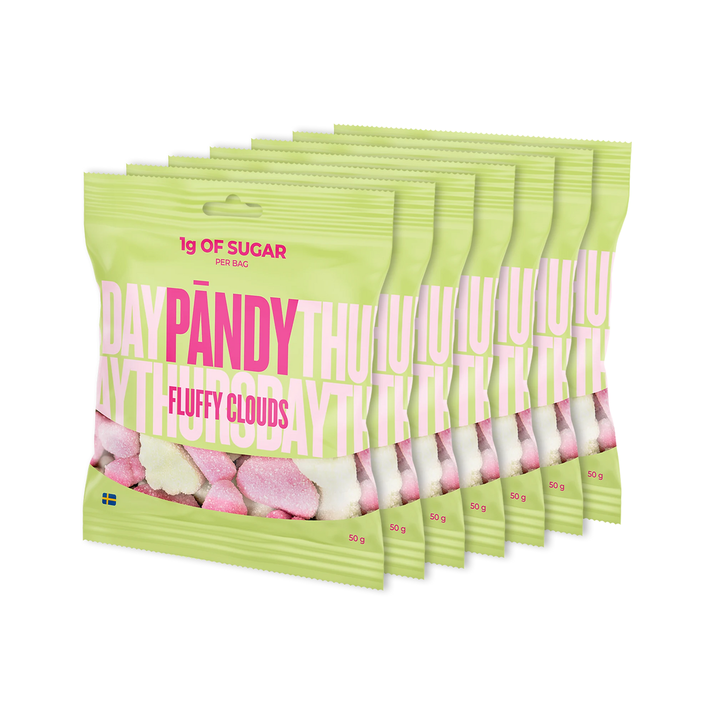 7 x Pändy Candy 50 g -hyytelömakeisia seitsemässä vaaleanvihreässä pussissa, makuna Fluffy Clouds., kuva 1/1