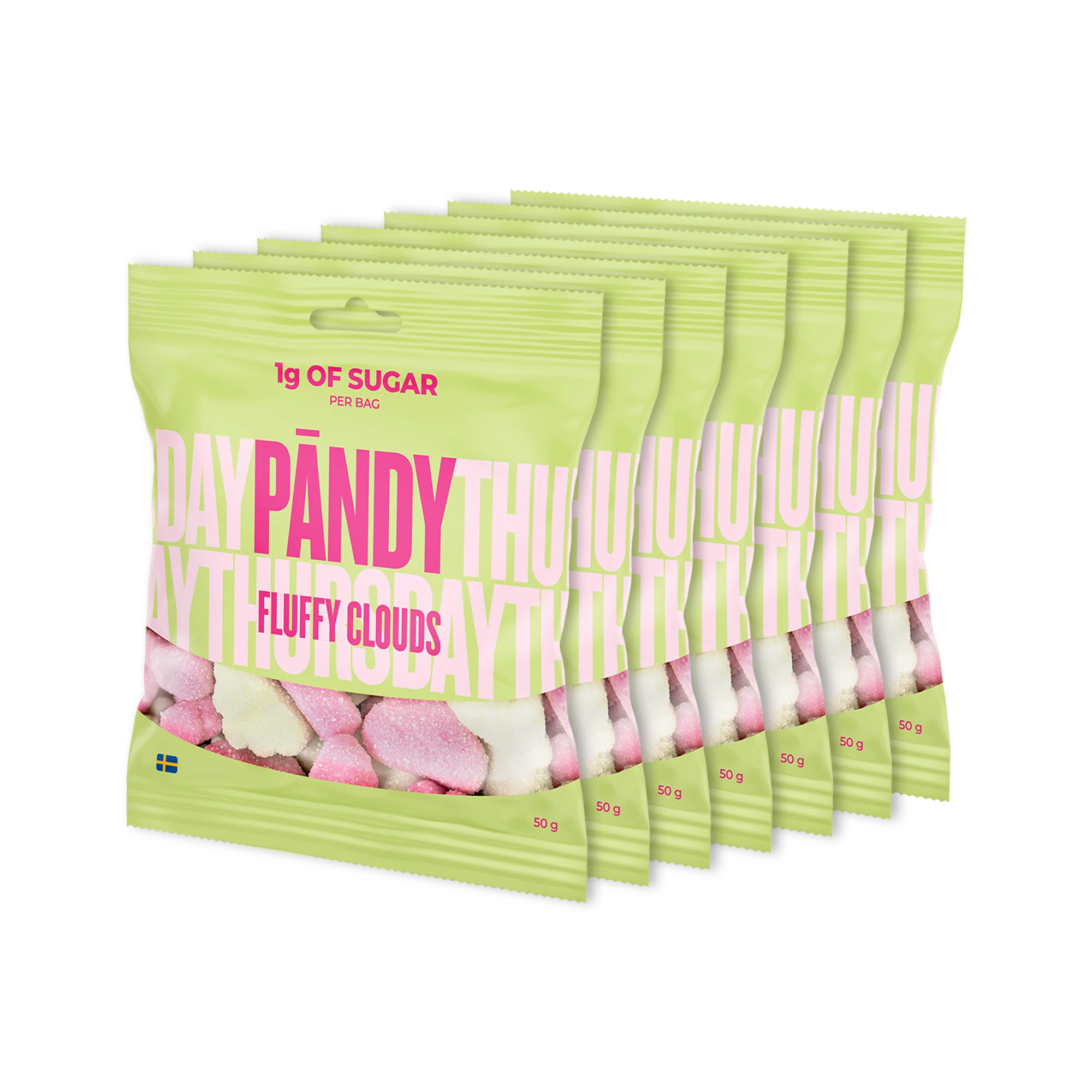 7 x Pändy Candy 50 g -hyytelömakeisia seitsemässä vaaleanvihreässä pussissa, makuna Fluffy Clouds., kuva 1/1