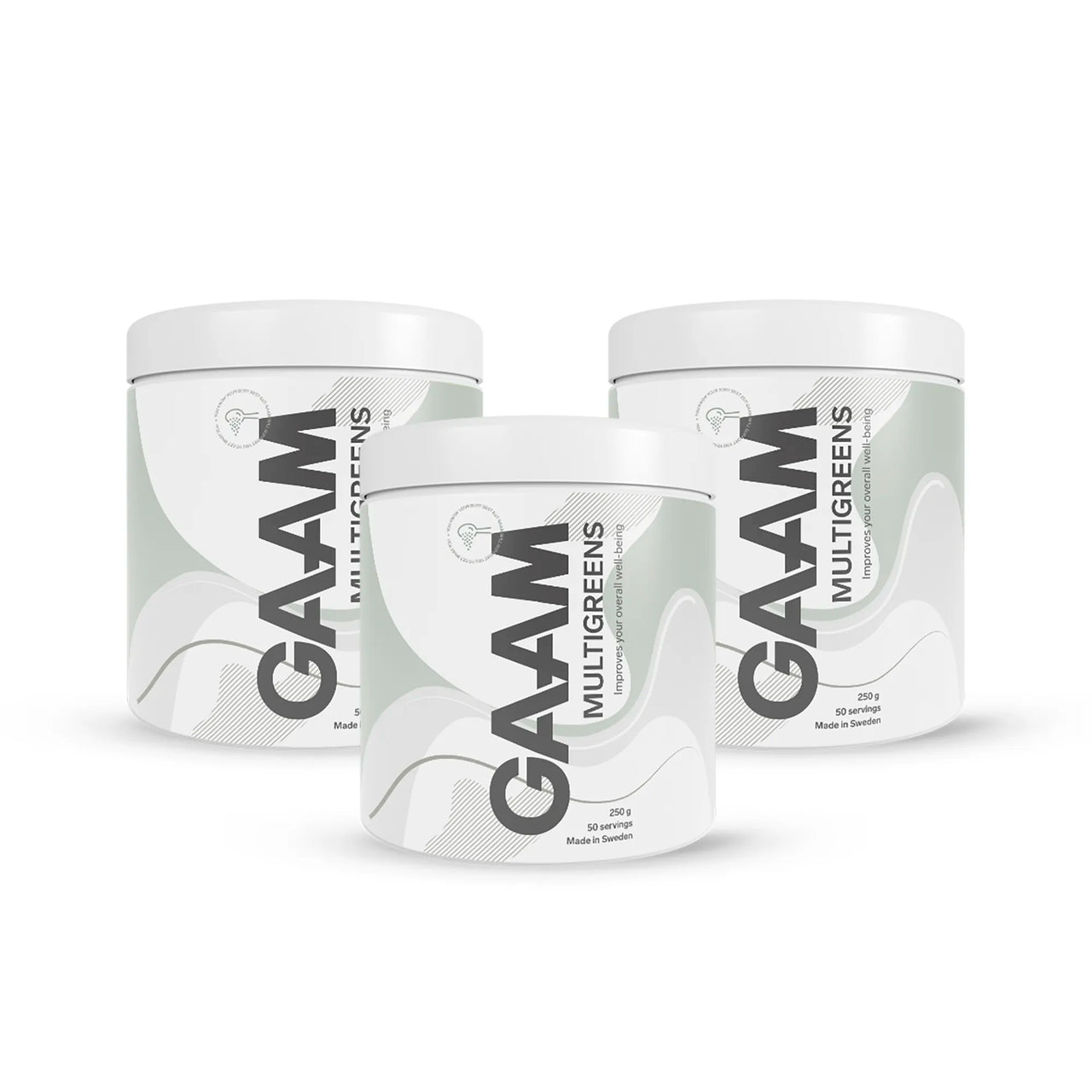 Kolme valkoista 3 x GAAM Multigreens 250 g -purkkia, joiden etiketeissä on vihreitä ja harmaita aaltoilevia kuvioita.