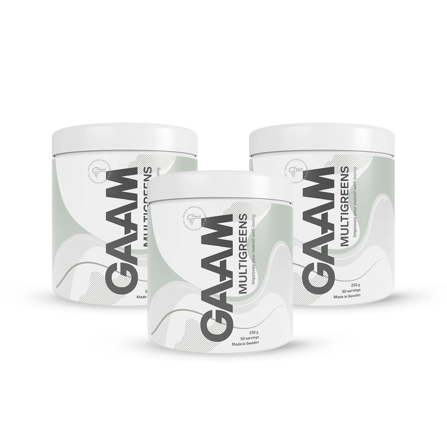 Kolme valkoista 3 x GAAM Multigreens 250 g -purkkia, joiden etiketeissä on vihreitä ja harmaita aaltoilevia kuvioita.