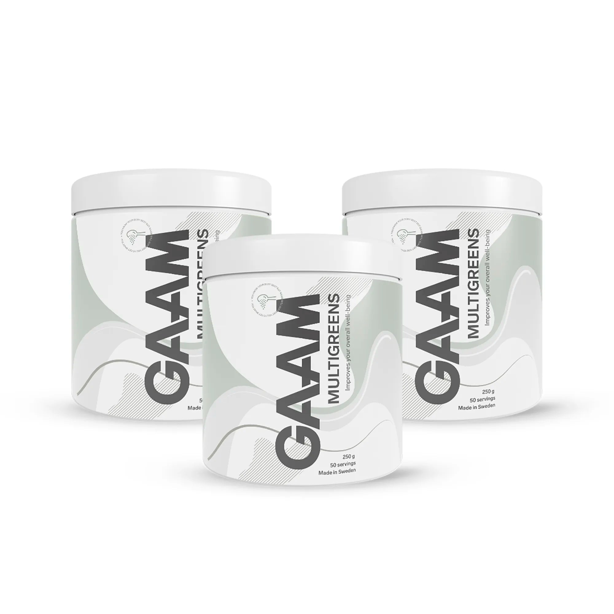 Kolme valkoista 3 x GAAM Multigreens 250 g -purkkia, joiden etiketeissä on vihreitä ja harmaita aaltoilevia kuvioita.