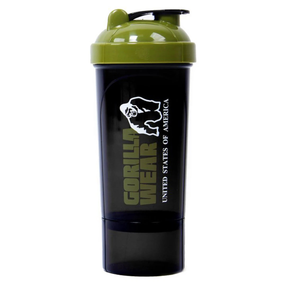 Musta muovinen Gorilla Wear Compact Shaker Black & Army Green vihreällä kannella ja erillisellä säilytyslokerolla.