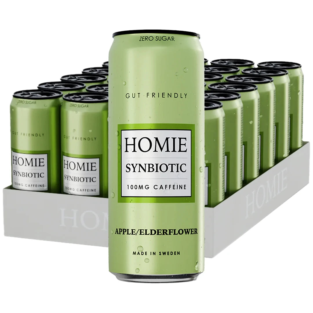 24 x Homie Wake Up Synbiotic 330 ml Apple Elderflower harmaassa laatikossa, jossa on vaaleanvihreitä tölkkejä.