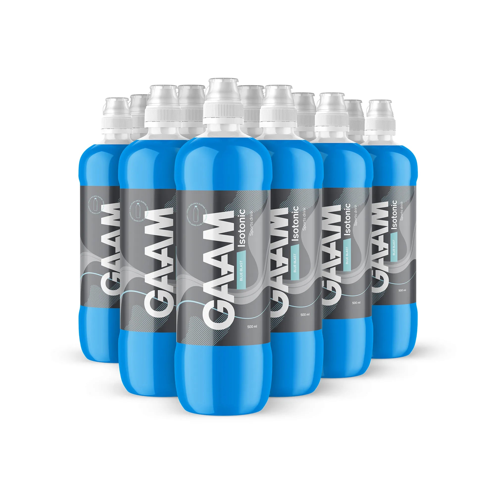 12 x GAAM Isotonic 500 ml läpinäkyvissä muovipulloissa, täynnä sinistä Blue Blast -makuista urheilujuomaa., kuva 1/1