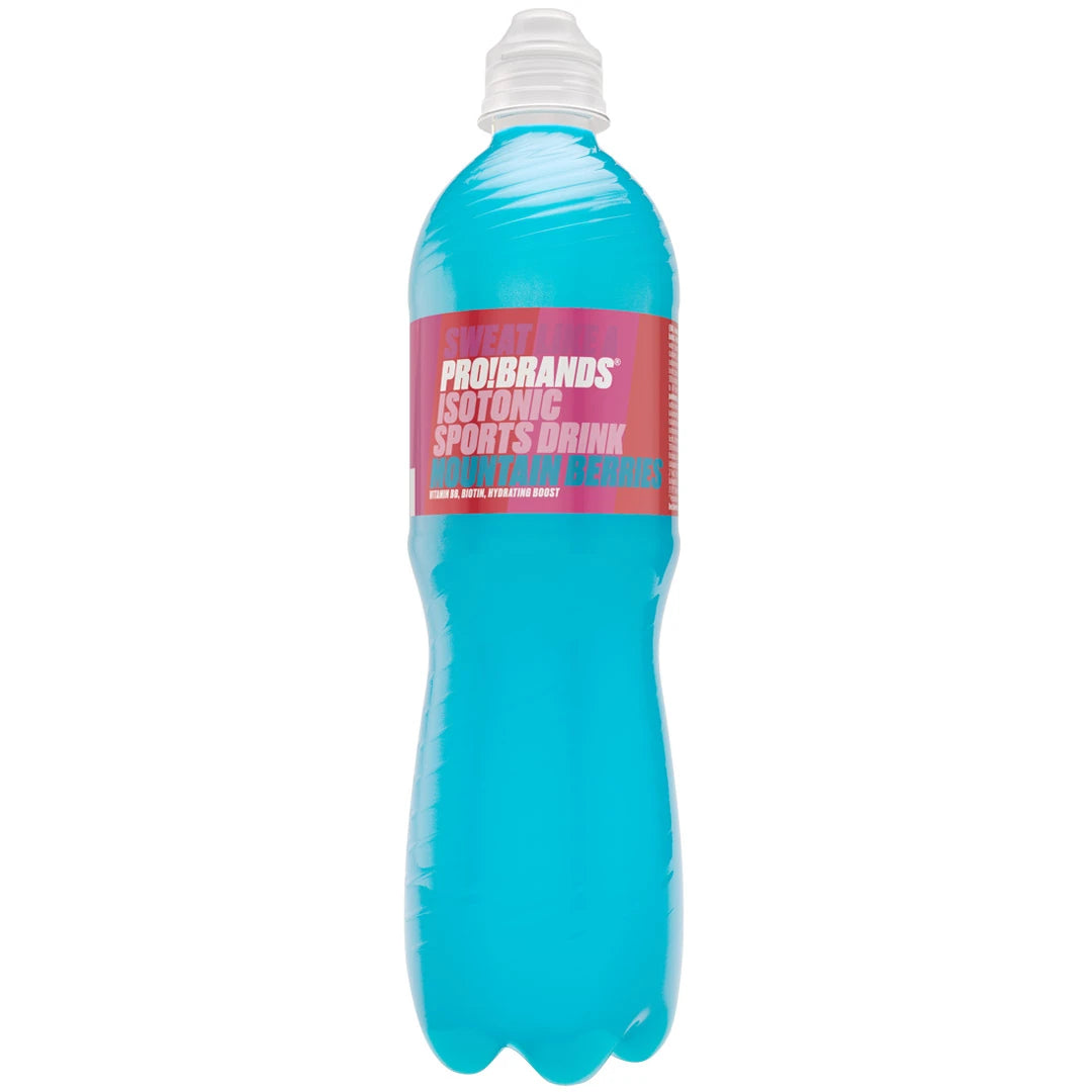 Kirkkaansininen Pro Brands ISOtonic Sports Drink 500 ml muovipullossa, jossa on valkoinen urheilukorkki ja pinkki etiketti.