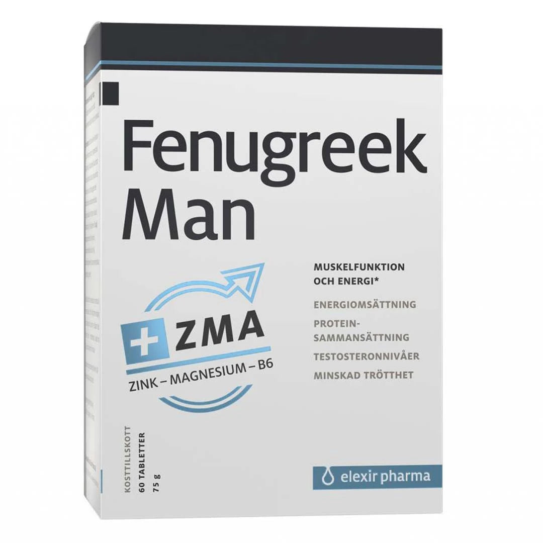Elexir Pharma Fenugreek Man + ZMA 60 tabs valkoisessa rasiassa hyvinvoinnin ja testosteronitasojen tueksi.