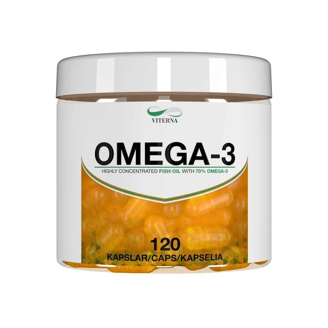 Viterna Omega-3 120 caps läpinäkyvässä purkissa valkoisella etiketillä, jonka läpi näkyy oransseja kapseleita.