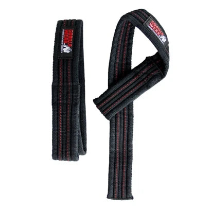 Mustat puuvillaiset Gorilla Wear Hardcore Lifting Straps -vetoremmit punaisilla tikkauksilla raskaisiin nostoihin.