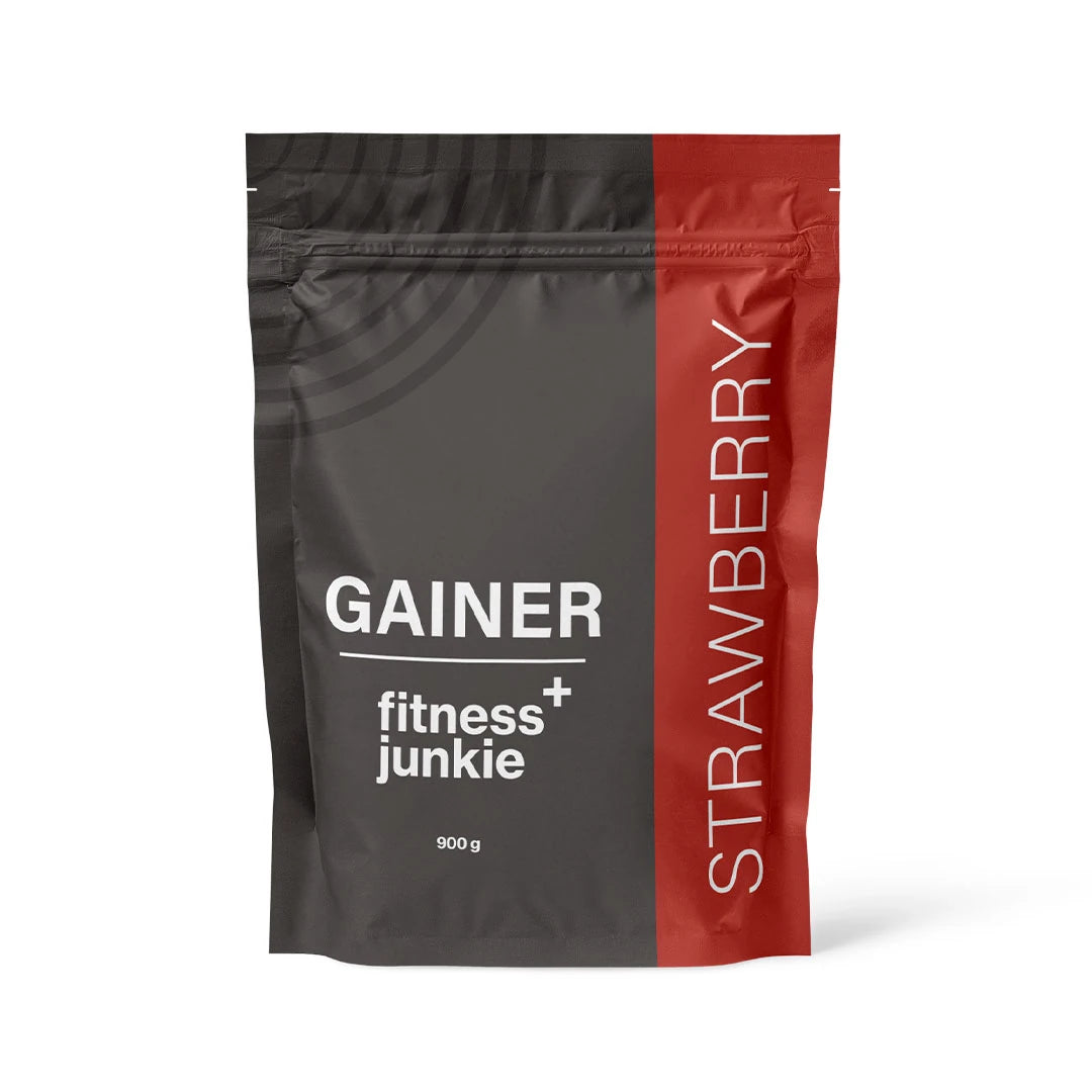 fitnessjunkie Gainer 900 g musta-punaisessa pussissa, makuna Strawberry., kuva 3/3