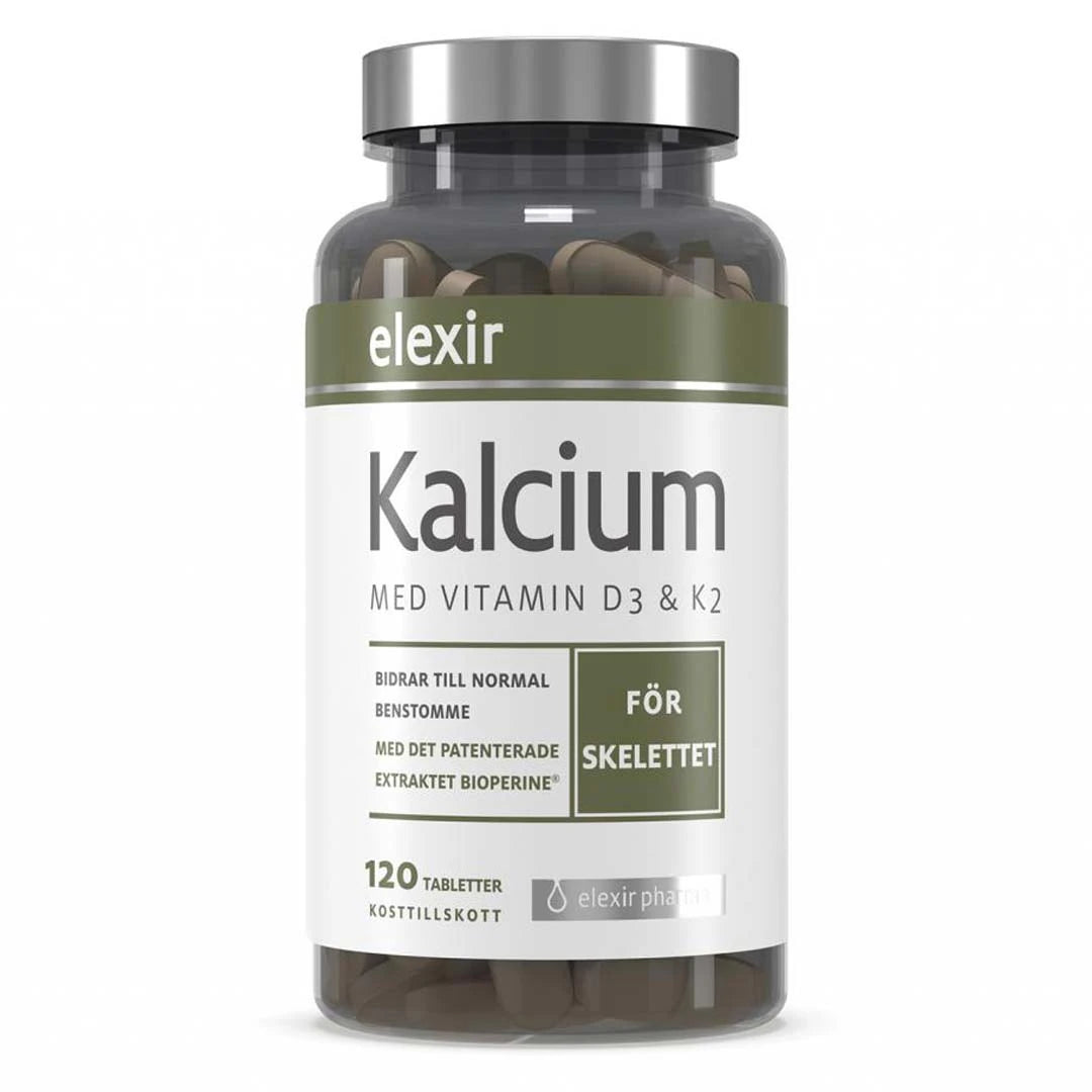 Elexir Pharma Kalcium 120 tabs tummassa läpinäkyvässä purkissa hopeisella kannella ja vihreävalkoisella etiketillä.