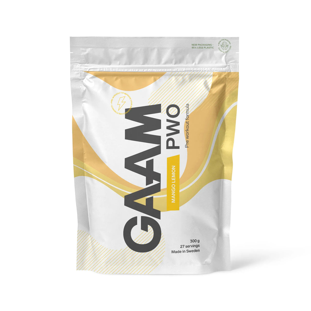 GAAM PWO 300 g -pre-workout-jauhe makuna Mango Lemon, valkoisessa pussissa keltaisilla yksityiskohdilla.