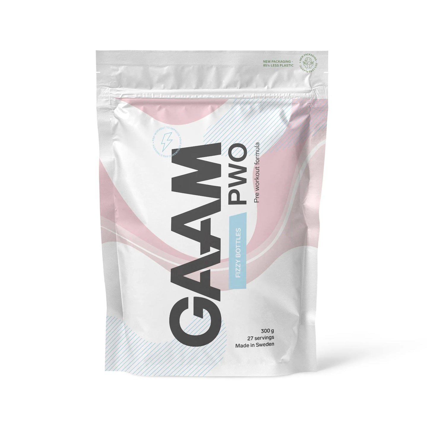 Valkoinen pussi GAAM PWO 300 g -pre-workout-jauhetta pinkeillä ja sinisillä yksityiskohdilla, makuna Fizzy Bottles.