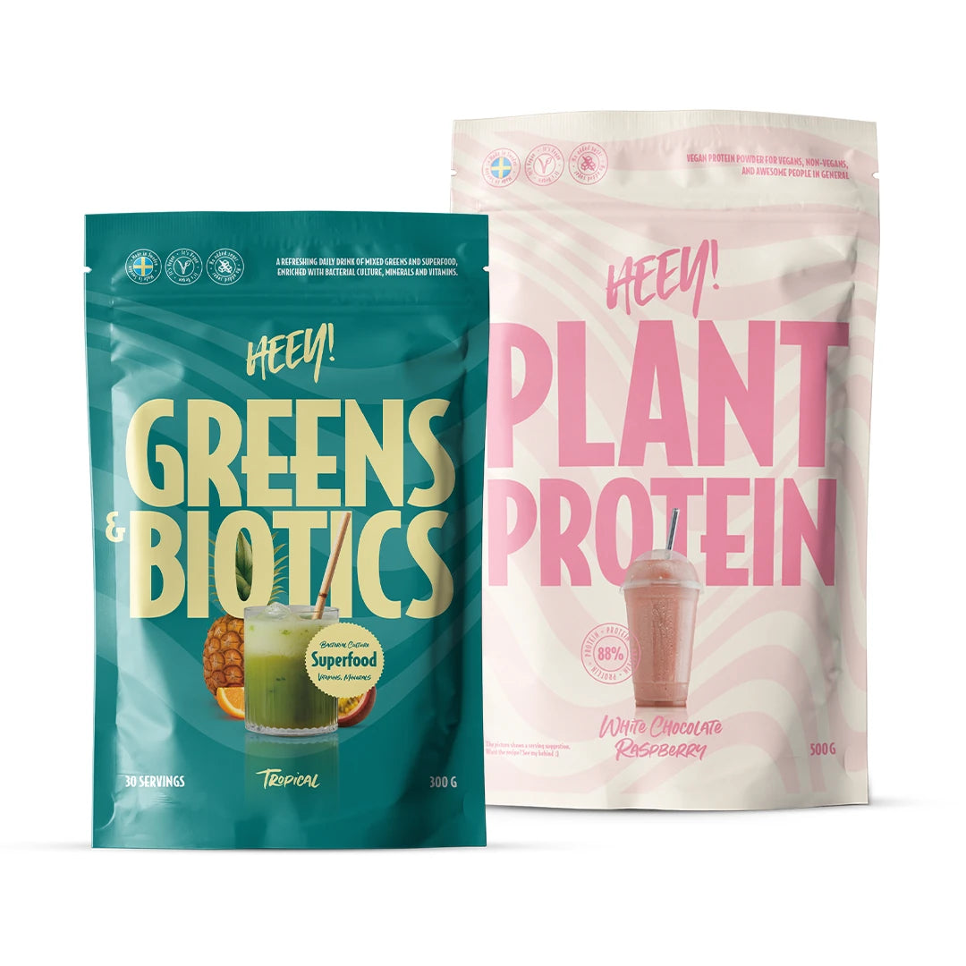 Heey! Wellness -paketti, joka sisältää turkoosin Greens &amp; Biotics -pussin ja vaaleanpunaisen Plant Protein -pussin., kuva 1/1