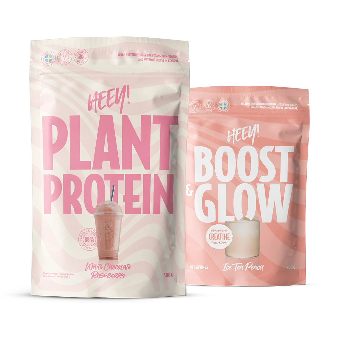 Heey! Workout paket, jossa on kaksi vaaleanpunaista ja kuvioitua pussia tuotteille Plant Protein ja Boost & Glow.