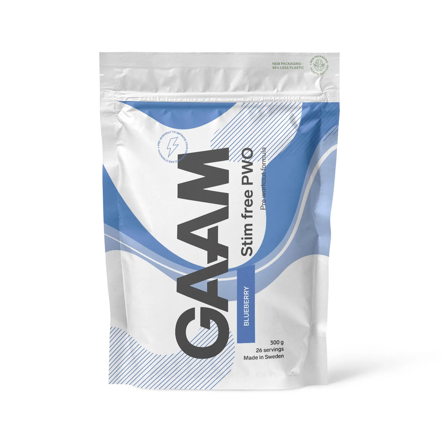 GAAM Stim free PWO 300 g valkoisessa pussissa sinisillä yksityiskohdilla, makuna Blueberry.
