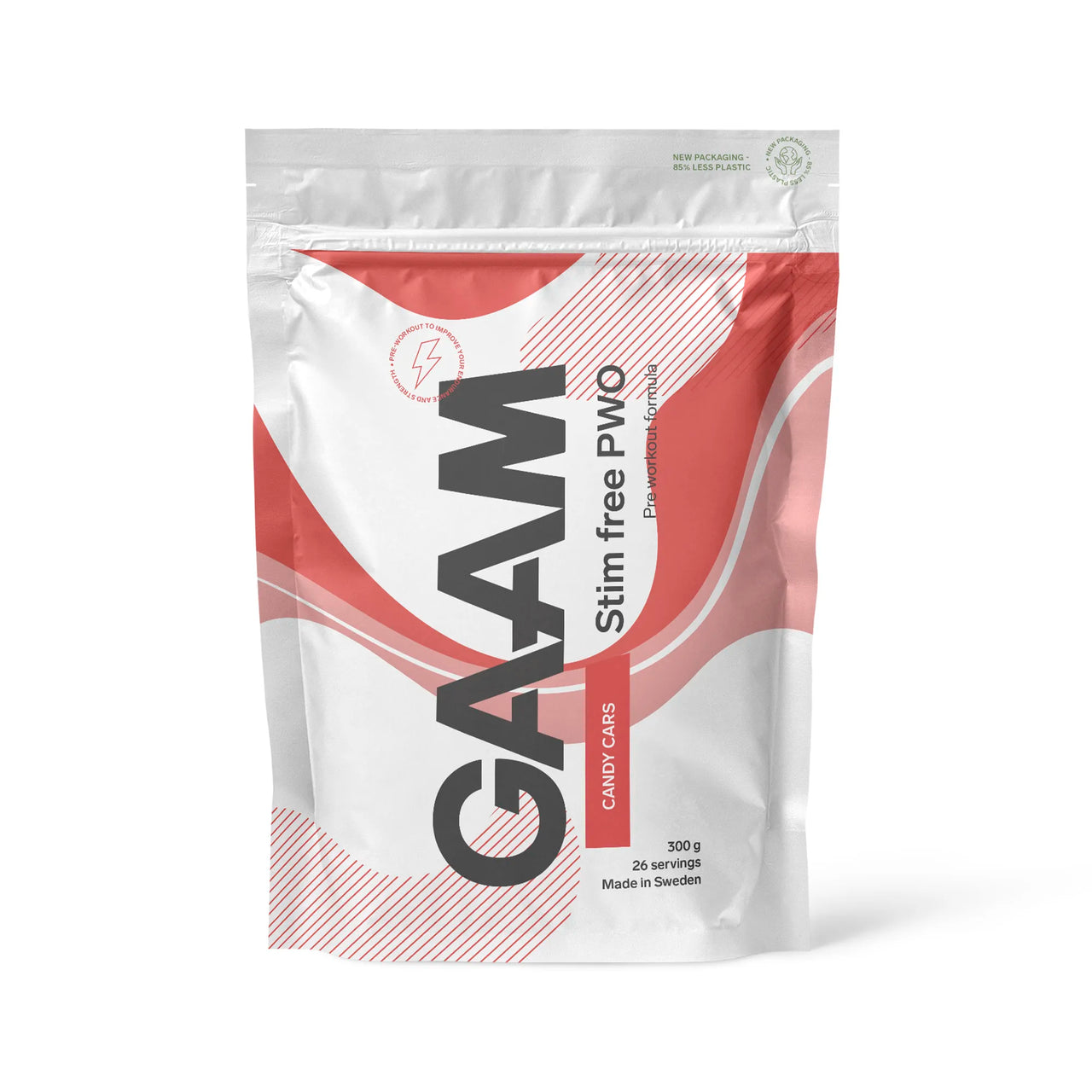 GAAM Stim free PWO 300 g valkoisessa pussissa vaaleanpunaisilla ja punaisilla yksityiskohdilla, makuna Candy Cars.