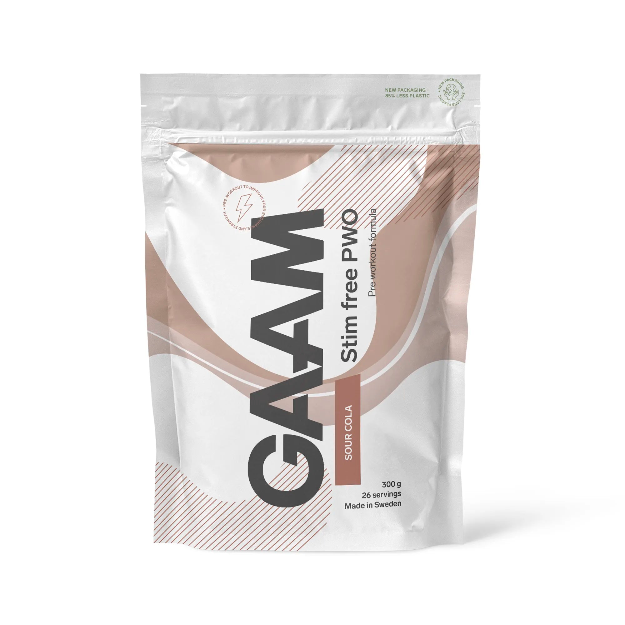 GAAM Stim free PWO 300 g valkoisessa pussissa ruskeilla yksityiskohdilla, makuna Sour Cola.