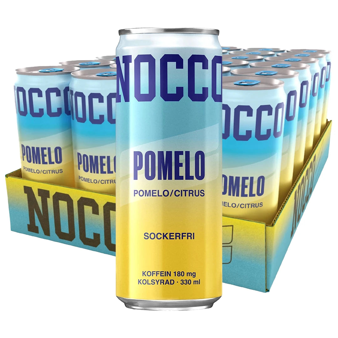 24 x NOCCO BCAA 330 ml Pomelo Citrus vaaleansinisessä ja keltaisessa laatikossa energiajuomatölkkejä.