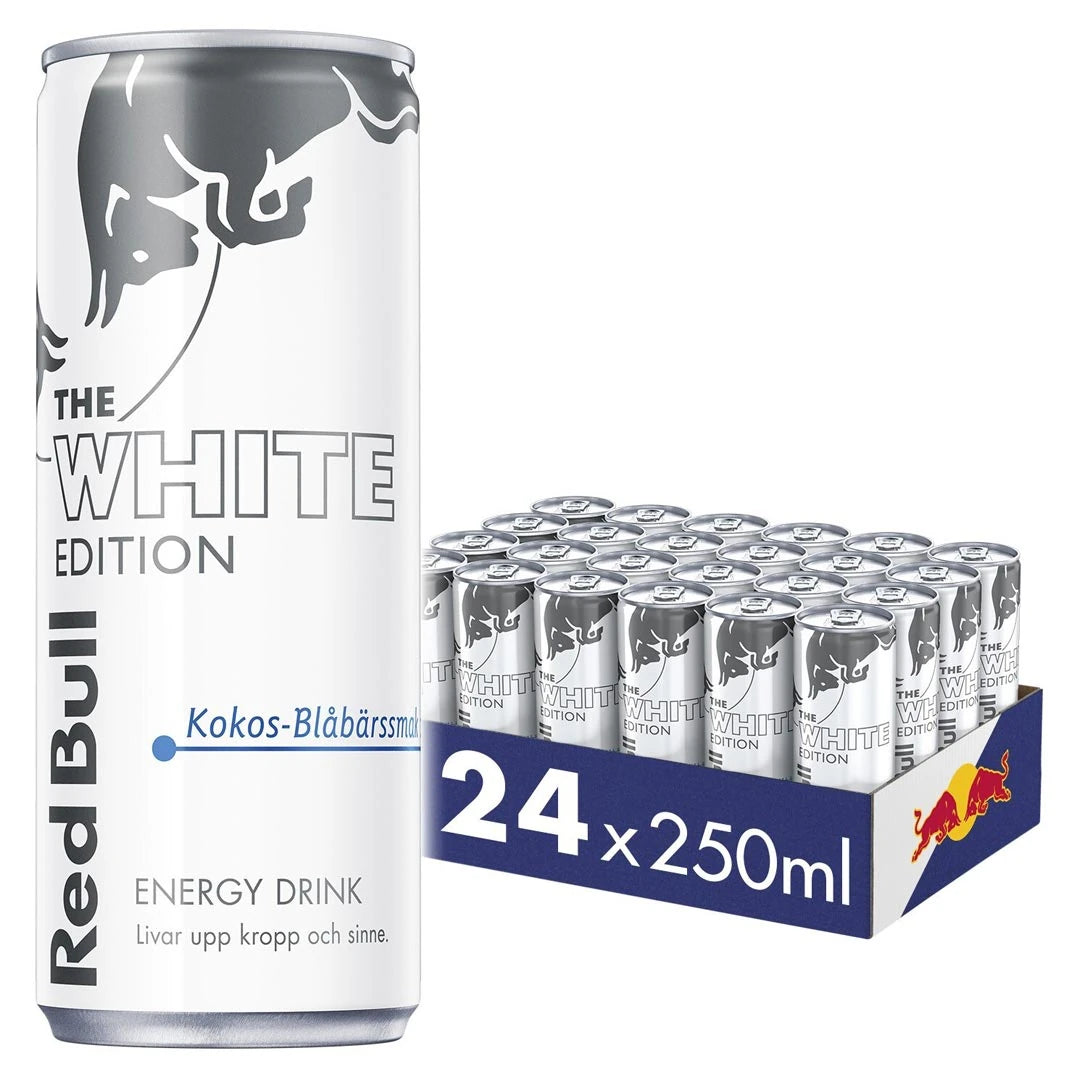 24 x Red Bull energiajuoma 250 ml White Edition Kookos Mustikka sinisessä laatikossa valko-hopeisilla tölkeillä.