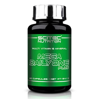 Scitec Nutrition Mega Daily One Plus 60 caps -monivitamiini mustassa purkissa, jossa on vihreä etiketti ja hopeanvärinen kansi.