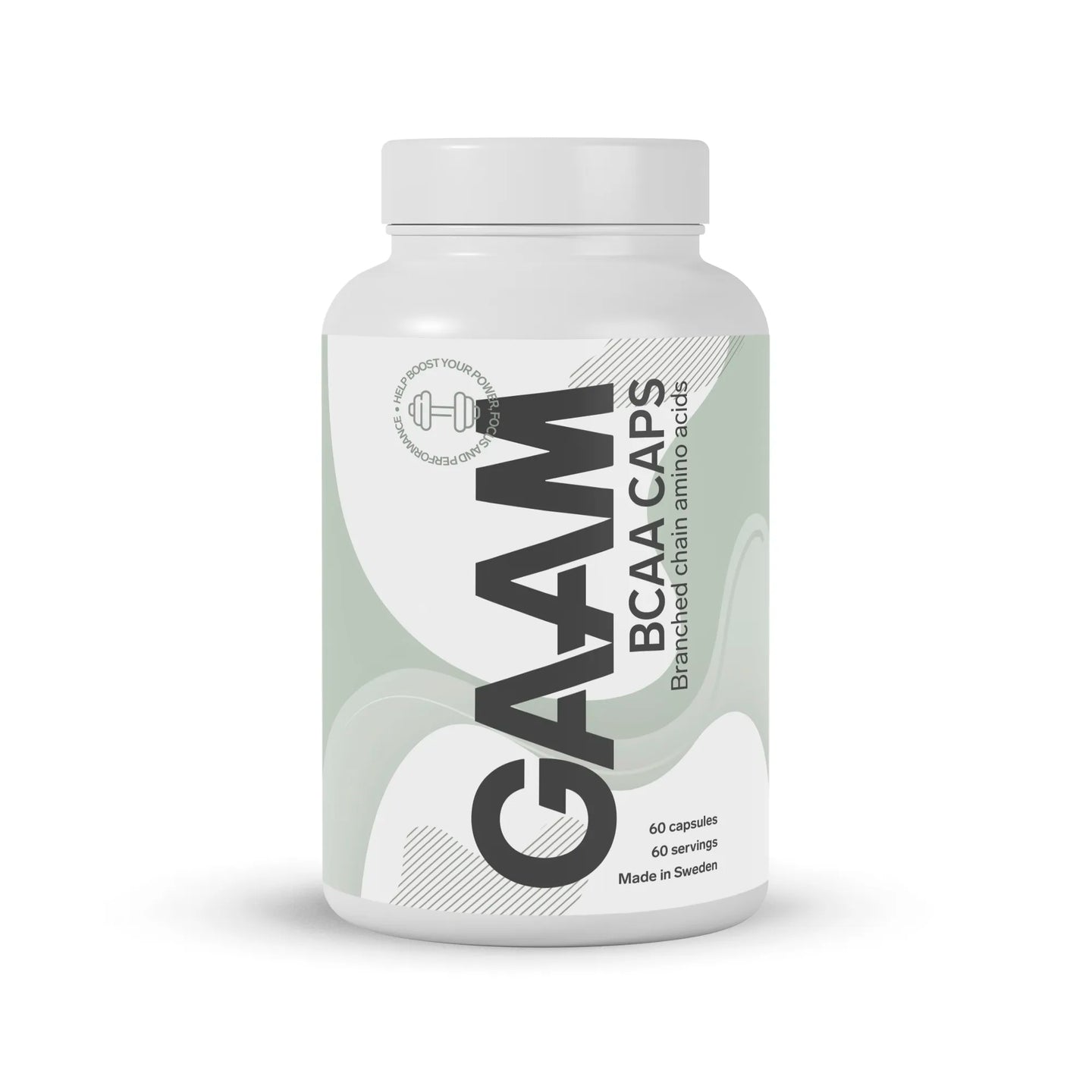 GAAM BCAA 60 caps -kapselit valkoisessa purkissa harmaanvihreillä yksityiskohdilla.