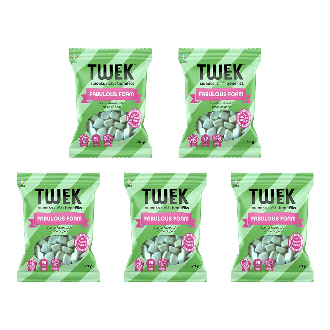 5 x Tweek Sweets 70 g Fabulous Foam viidessä vaaleanvihreässä pussissa, joissa on vaaleanpunaisia yksityiskohtia.