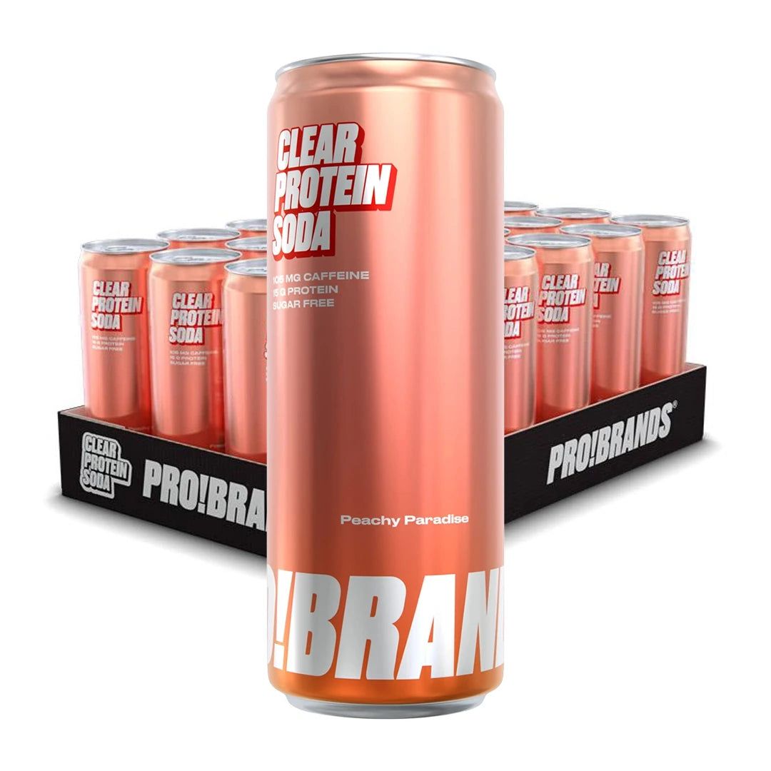 24 x Pro Brands Clear Protein Soda 330 ml mustassa laatikossa täynnä persikanvärisiä tölkkejä, makuna Peachy Paradise., kuva 1/1