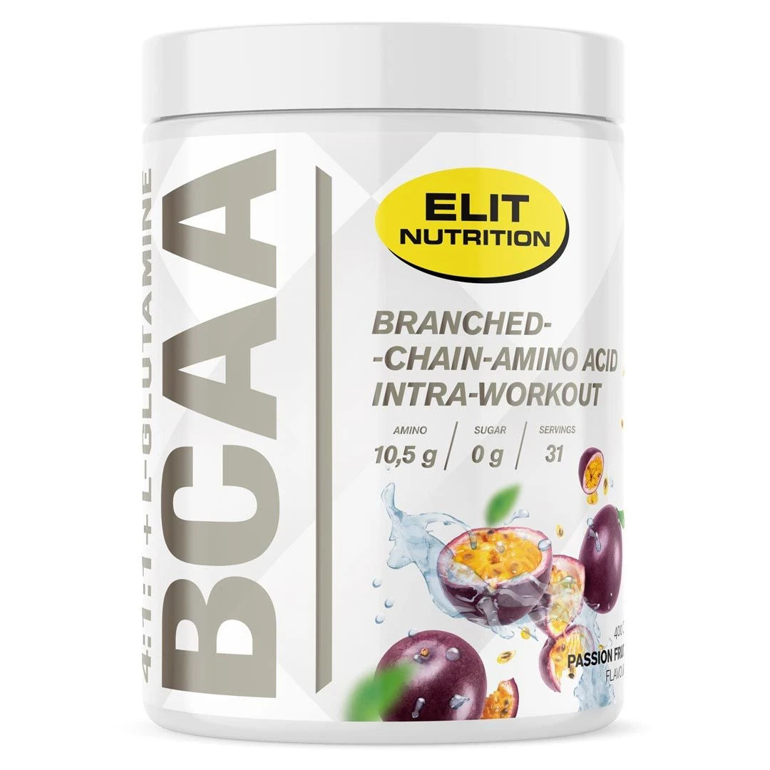 Elit Nutrition BCAA 4:1:1 + L-glutamine 400 g -aminohappojauhe valkoisessa purkissa keltaisin yksityiskohdin ja passionhedelmin maulle Passion Fruit.