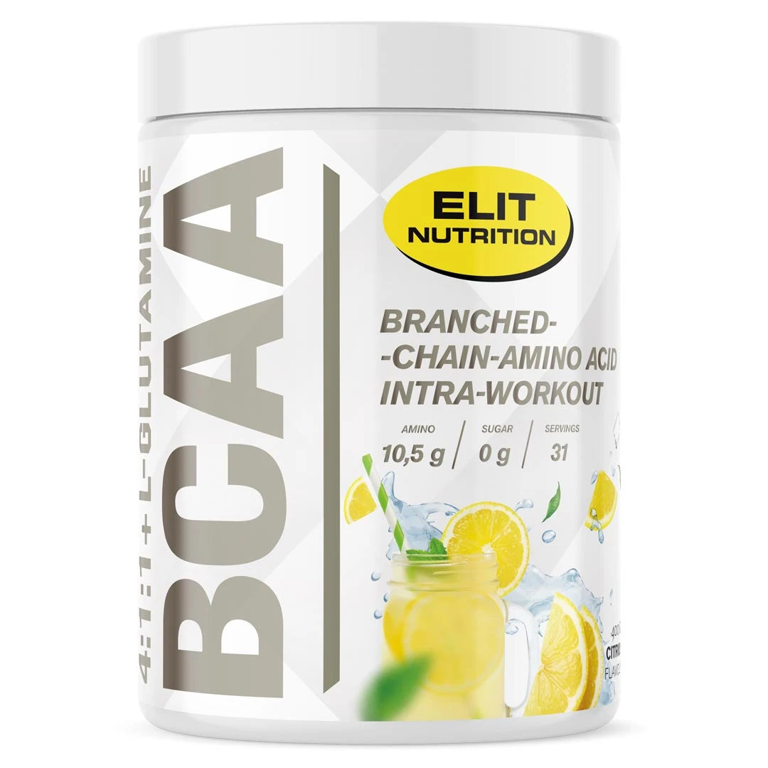 Elit Nutrition BCAA 4:1:1 + L-glutamine 400 g -aminohappojauhe valkoisessa purkissa keltaisin sitruunayksityiskohdin, makuna Citrus., kuva 4/4