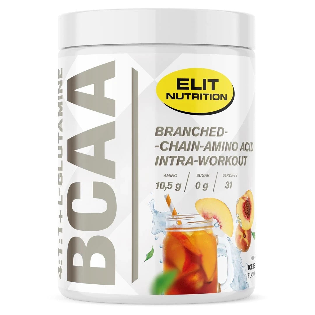 Elit Nutrition BCAA 4:1:1 + L-glutamine 400 g -aminohappojauhe valkoisessa purkissa, jossa on jääteen ja persikan kuvitus Ice Tea -maulle.
