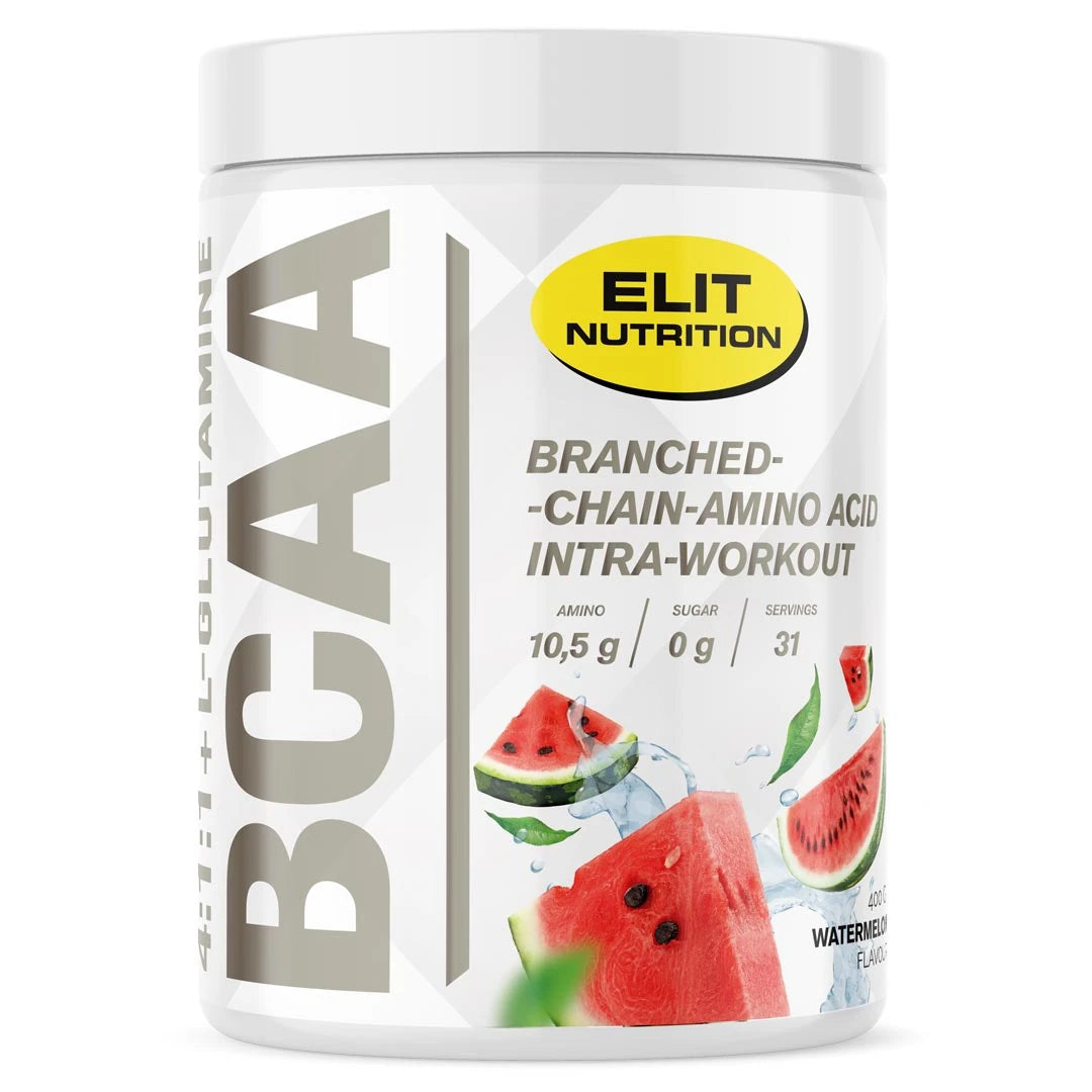 Elit Nutrition BCAA 4:1:1 + L-glutamine 400 g -aminohappojauhe valkoisessa purkissa vesimelonikuvituksella, makuna Watermelon., kuva 3/4