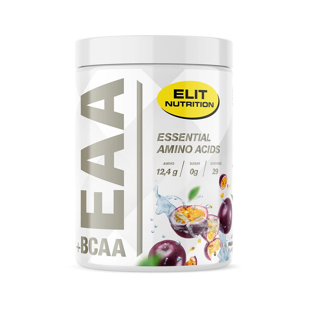 Elit Nutrition BCAA 4:1:1 + L-glutamine 400 g -aminohapot valkoisessa purkissa passionhedelmän kuvituksella.