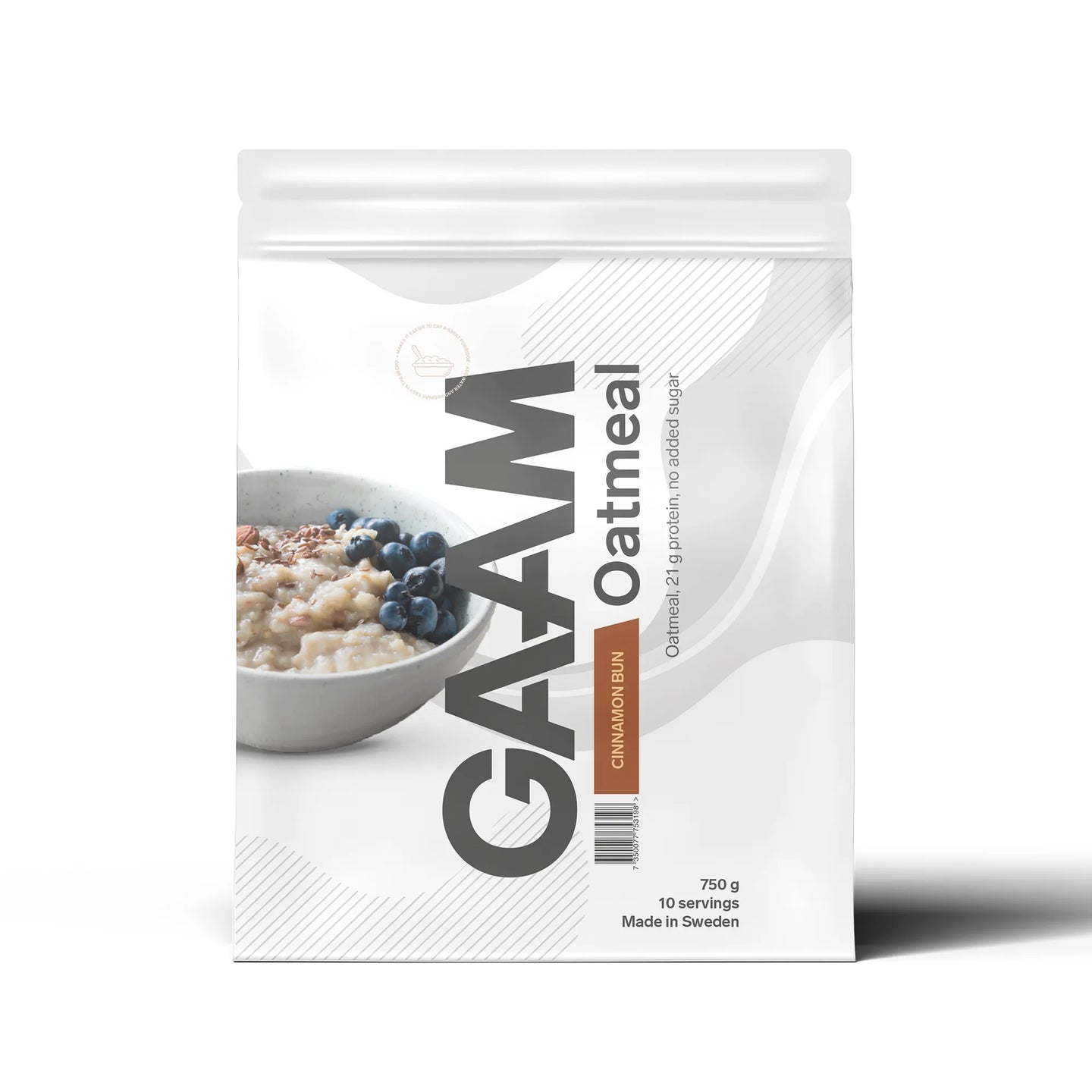 GAAM Oatmeal 750 g -proteiinipuuro valkoisessa pussissa harmailla ja ruskeilla yksityiskohdilla, makuna Cinnamon Bun., kuva 1/2