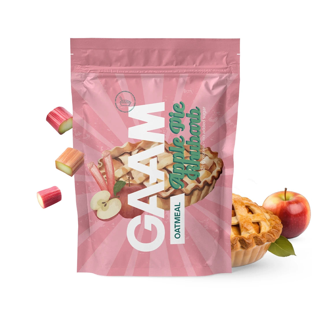 GAAM Oatmeal 750 g -proteiinipuuro vaaleanpunaisessa pussissa, jossa on Apple Rhubarb Pie -maun kuvitus ja teksti.