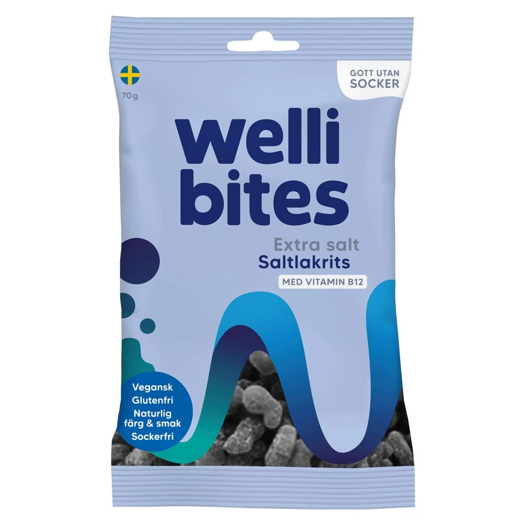 Wellibites Candy 70 g sokeriton karkki vaaleansinisessä pussissa, makuna Extra salt lakritsi., kuva 4/6