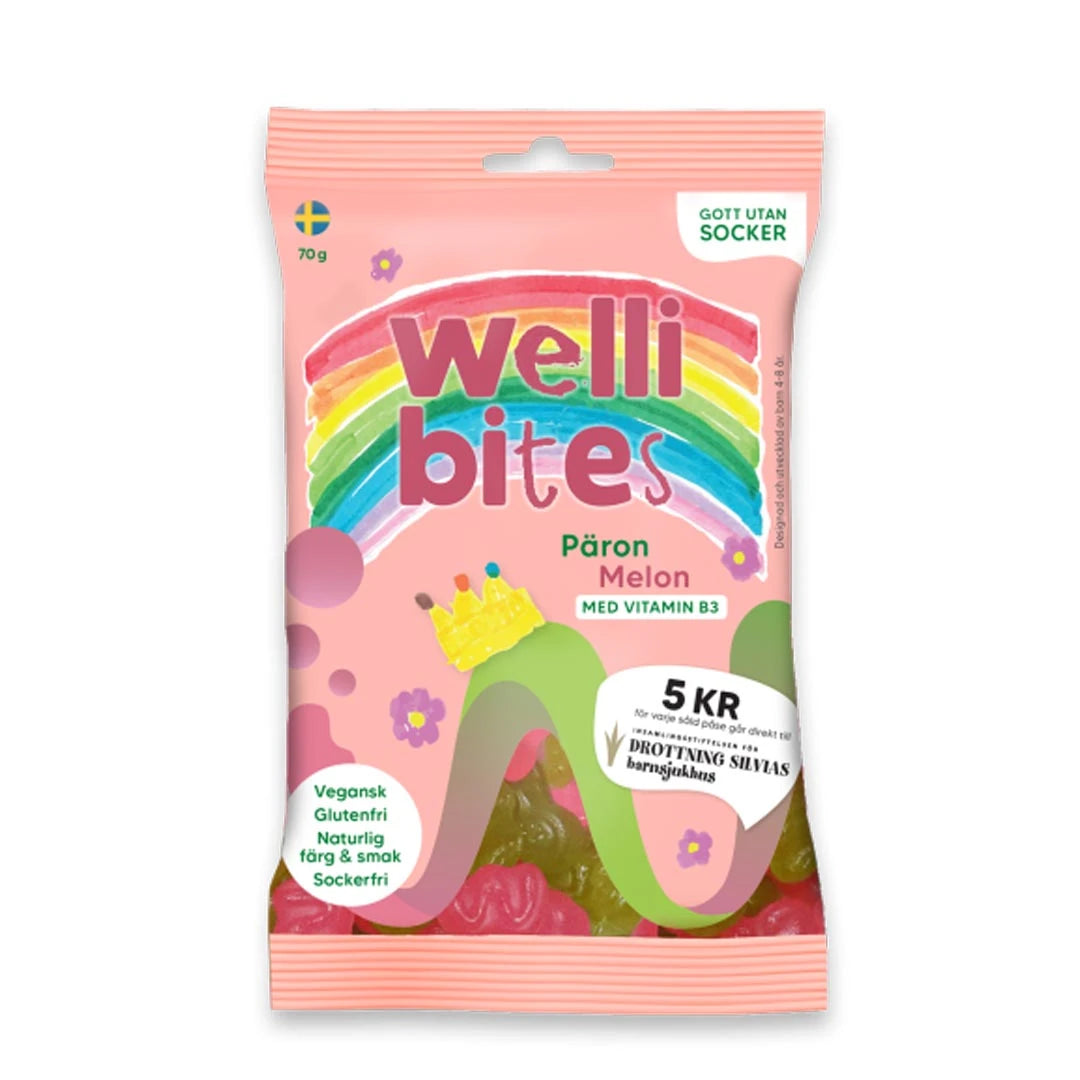 Wellibites Candy 70 g sokeriton karkki vaaleanpunaisessa pussissa, makuna Päärynä Meloni.