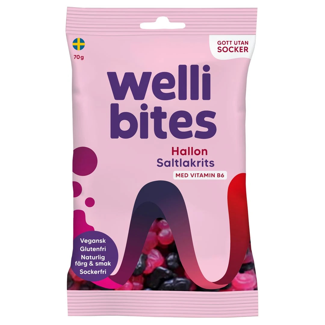 Wellibites Candy 70 g sokeritonta karkkia vaaleanpunaisessa pussissa, makuna Hallon Saltlakrits.