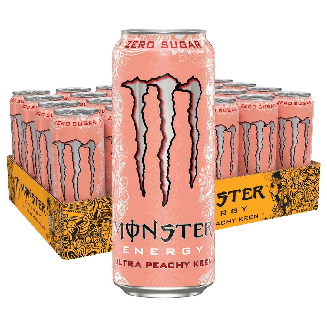 24 x Monster Energy 500 ml Ultra Peachy Keen sokeriton keltaisessa laatikossa persikanvärisillä tölkeillä.