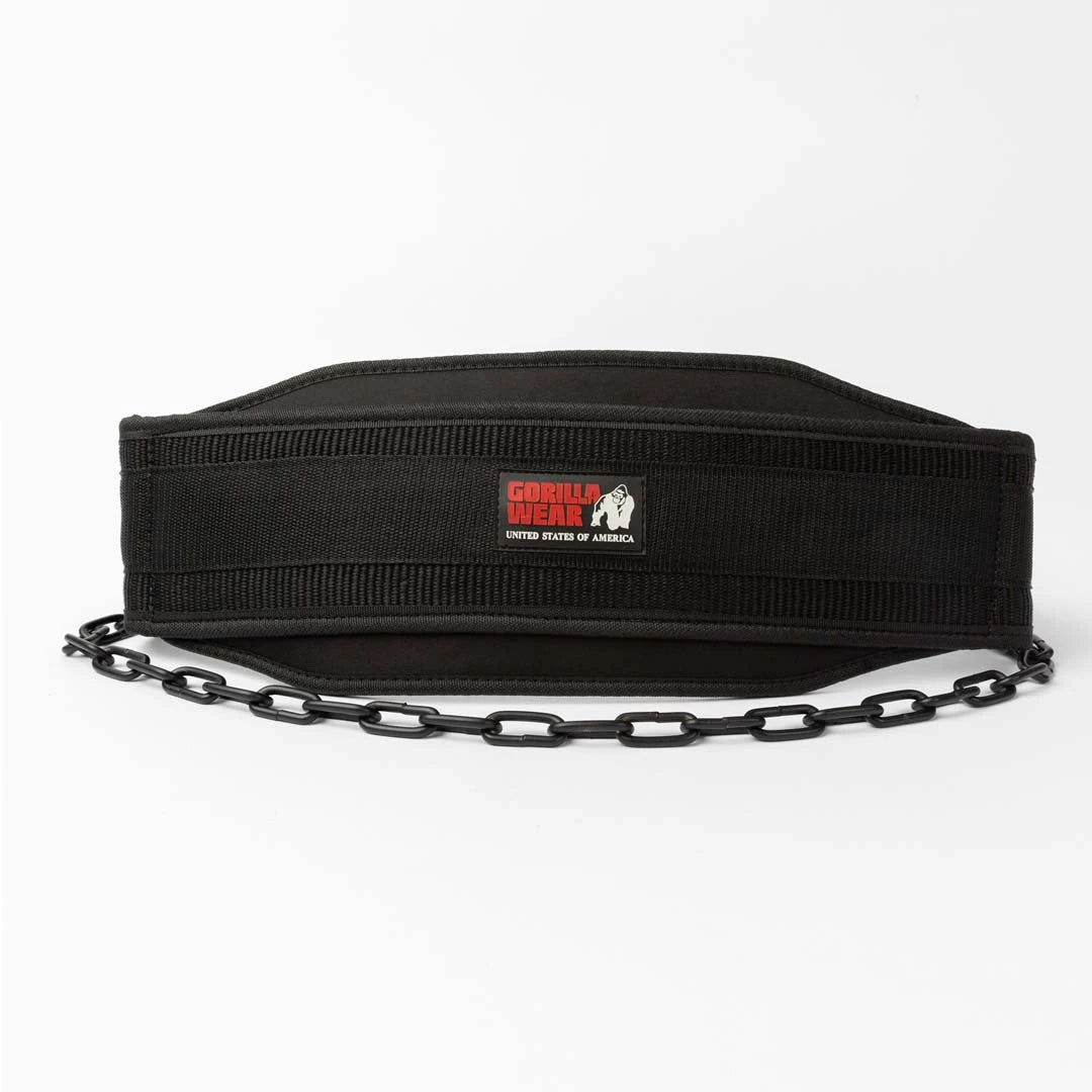 Musta Gorilla Wear GW Nylon Dip Belt -dippivyö, jossa on tukeva musta teräsketju lisäpainoille.
