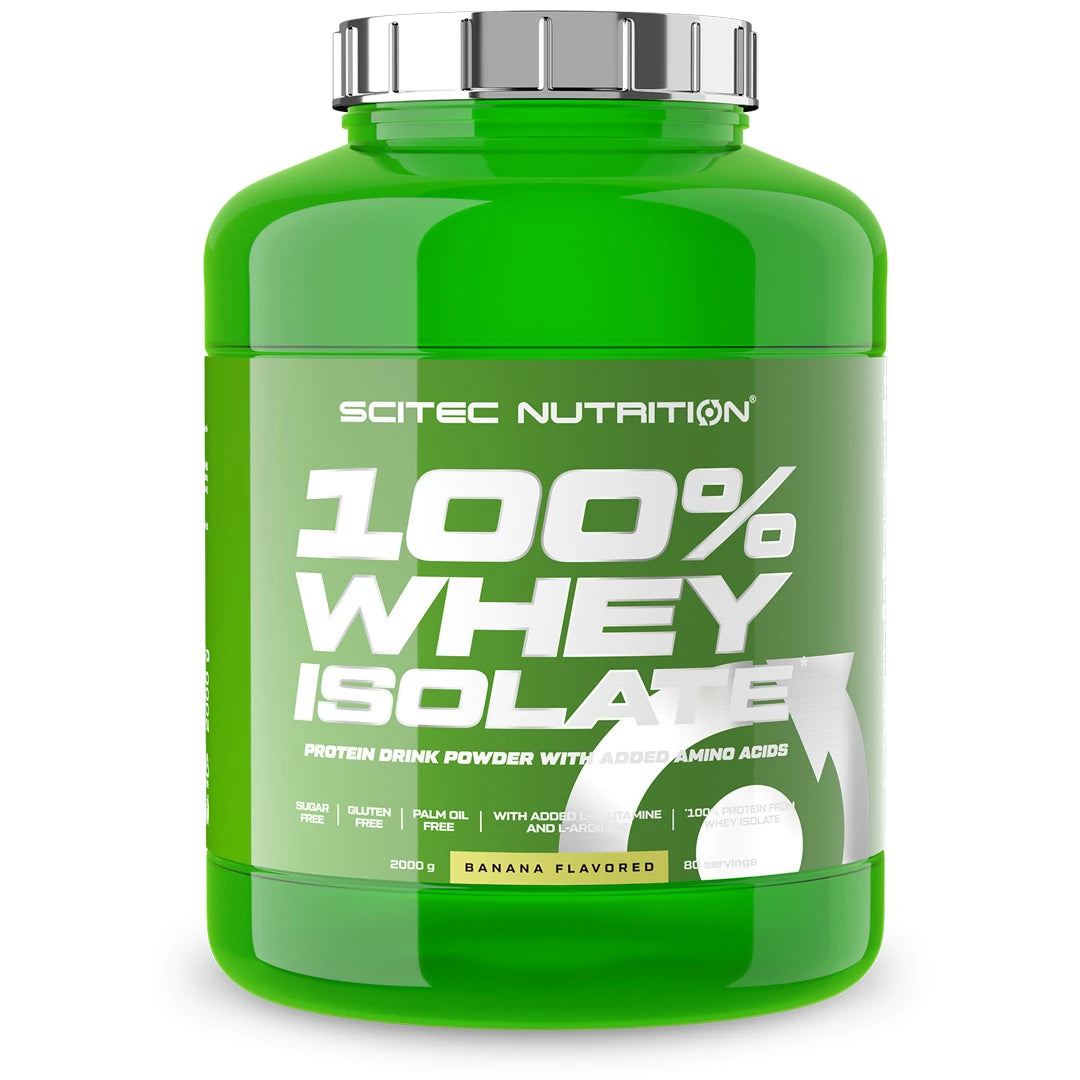 Scitec Nutrition 100% Whey Isolate 2 kg -proteiinijauhe isossa vihreässä purkissa, makuna banaani.