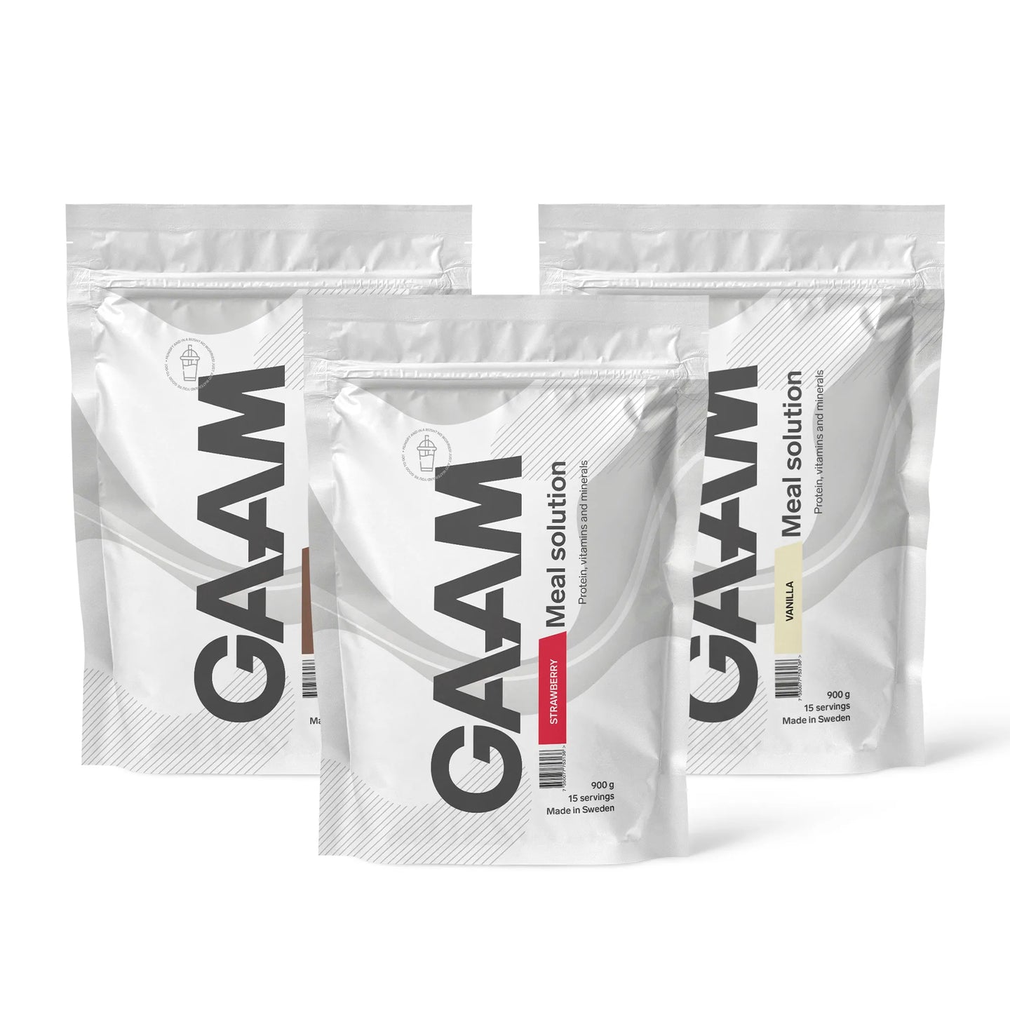 3 x GAAM Meal Solution 900 g ateriankorvike kolmessa valkoisessa pussissa, makuna Strawberry, Vanilla ja Chocolate.