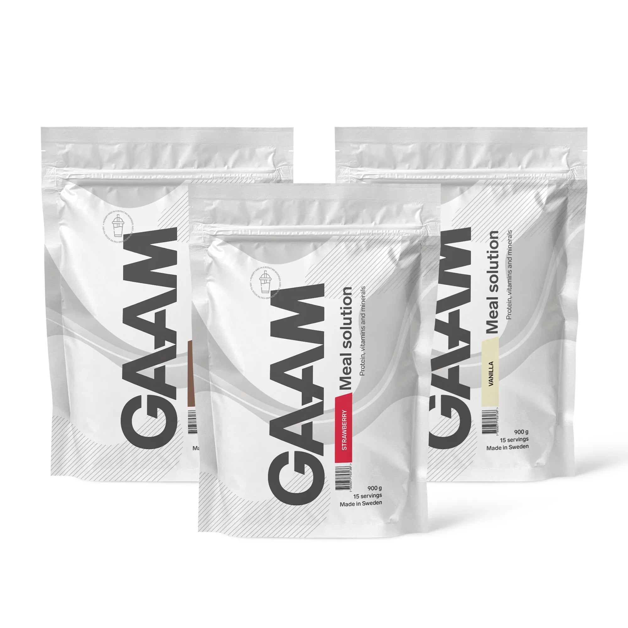 3 x GAAM Meal Solution 900 g ateriankorvike kolmessa valkoisessa pussissa, makuna Strawberry, Vanilla ja Chocolate.