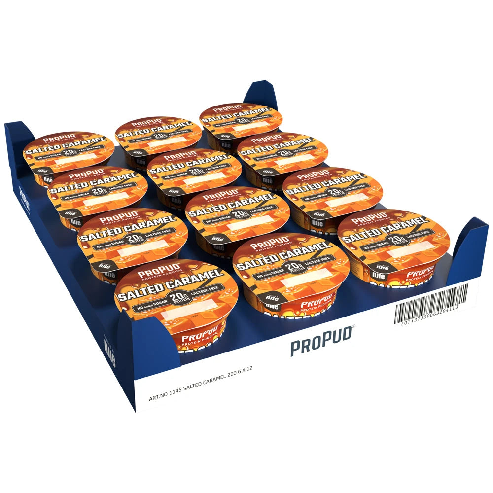 12 x NJIE ProPud 200 g Salted Caramel sinisessä laatikossa, jossa on 12 oranssikantista proteiinivanukaspurkkia.