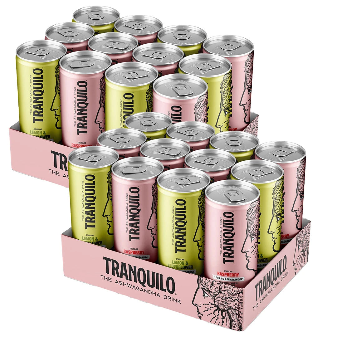 24 x Tranquilo 330 ml Mixflak vaaleanpunaisessa laatikossa, jossa on pinkkejä ja keltaisia tölkkejä kasvokuvituksilla.